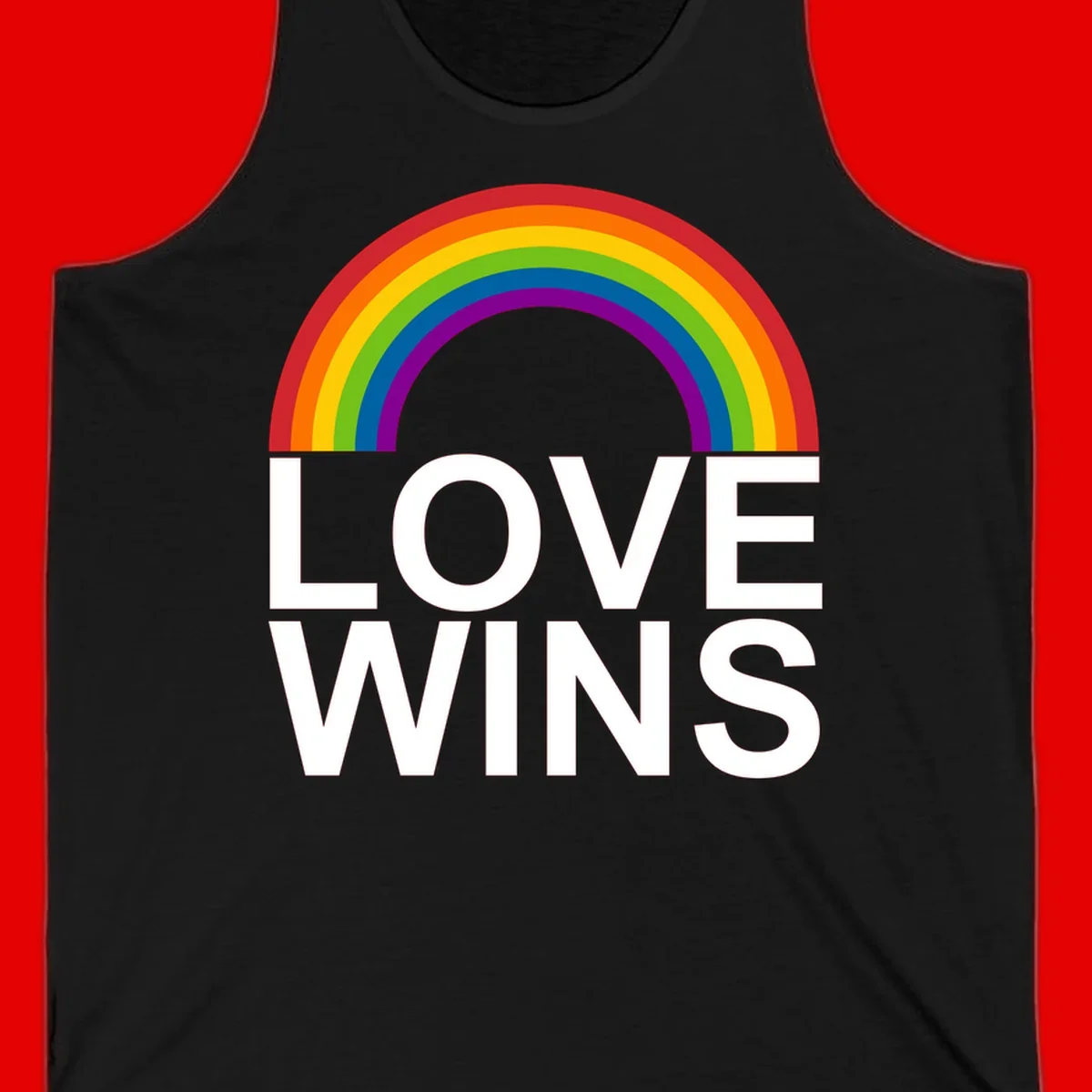 Rainbow arc above white text reading 'Love Wins' on gray background, pride equality design