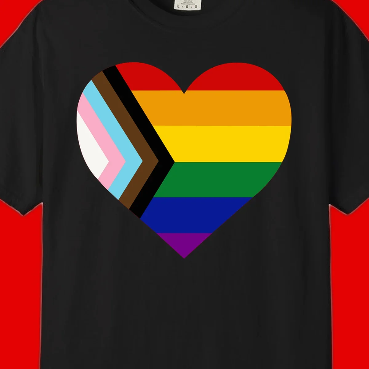 Heart-shaped design combining progress pride flag chevron on left with rainbow pride flag stripes on right side