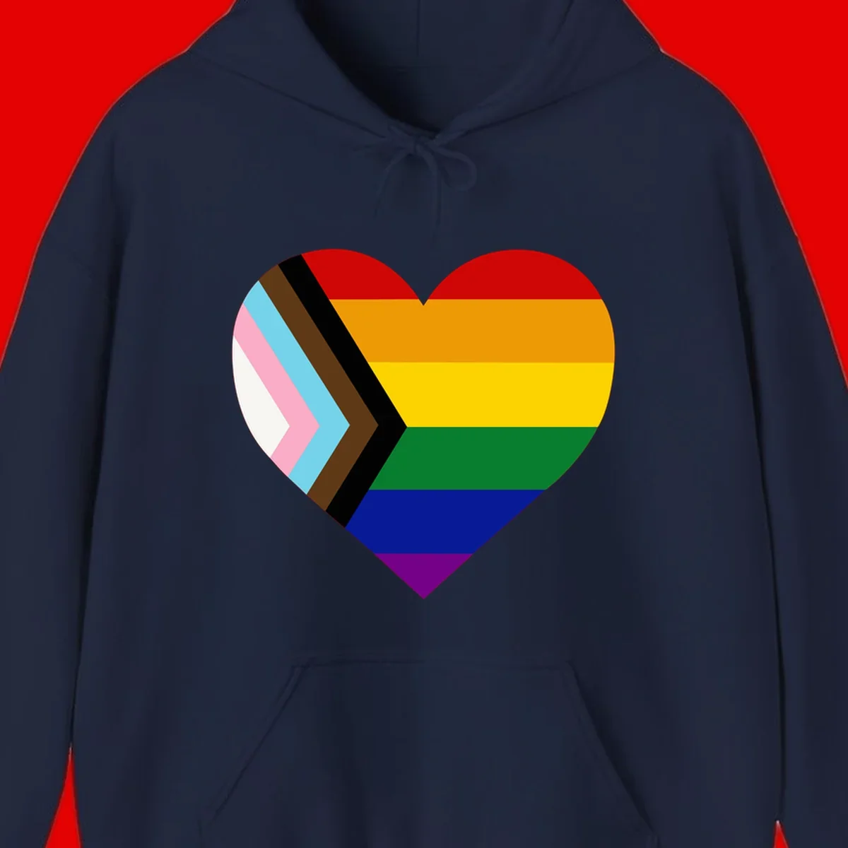 Heart-shaped design combining progress pride flag chevron on left with rainbow pride flag stripes on right side
