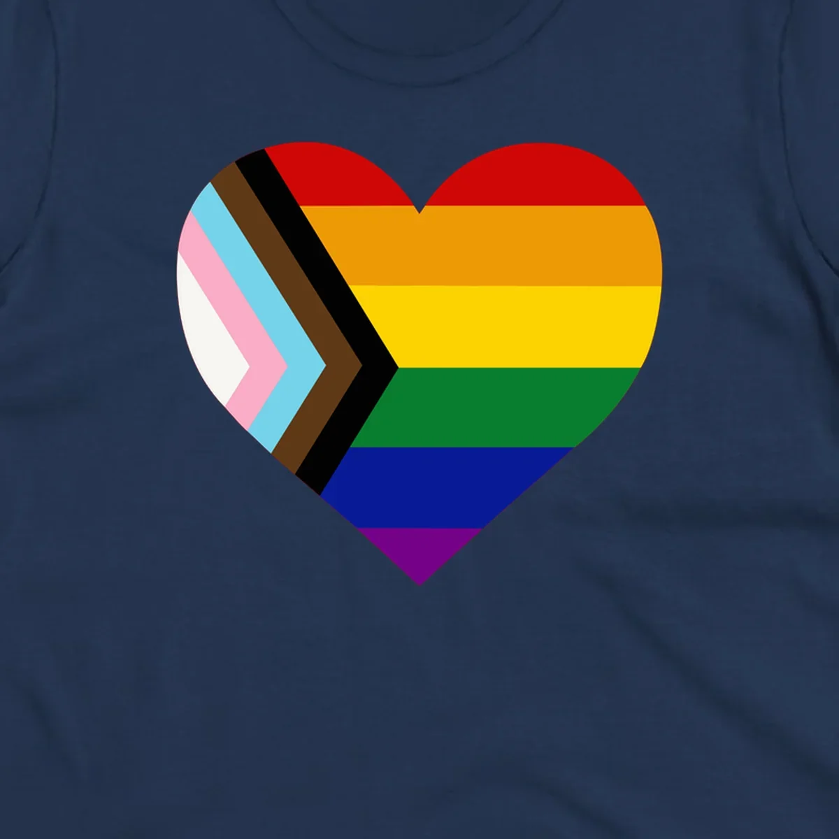 Heart-shaped design combining progress pride flag chevron on left with rainbow pride flag stripes on right side