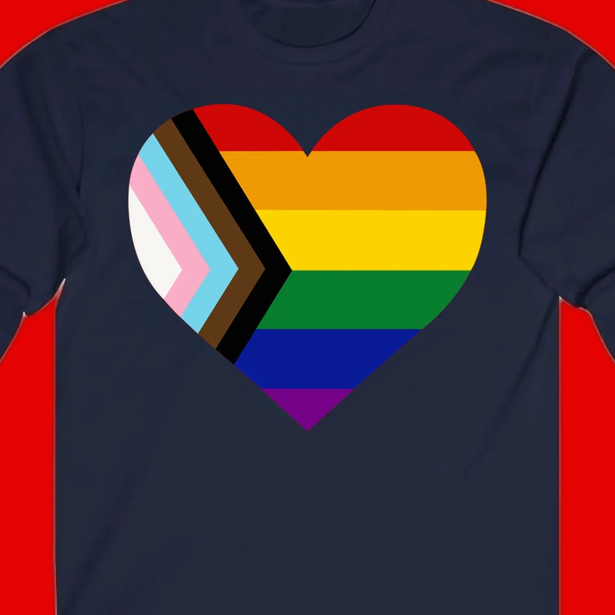 Heart-shaped design combining progress pride flag chevron on left with rainbow pride flag stripes on right side