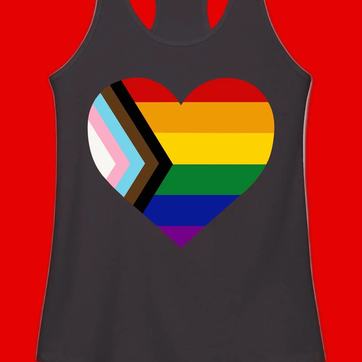 Heart-shaped design combining progress pride flag chevron on left with rainbow pride flag stripes on right side
