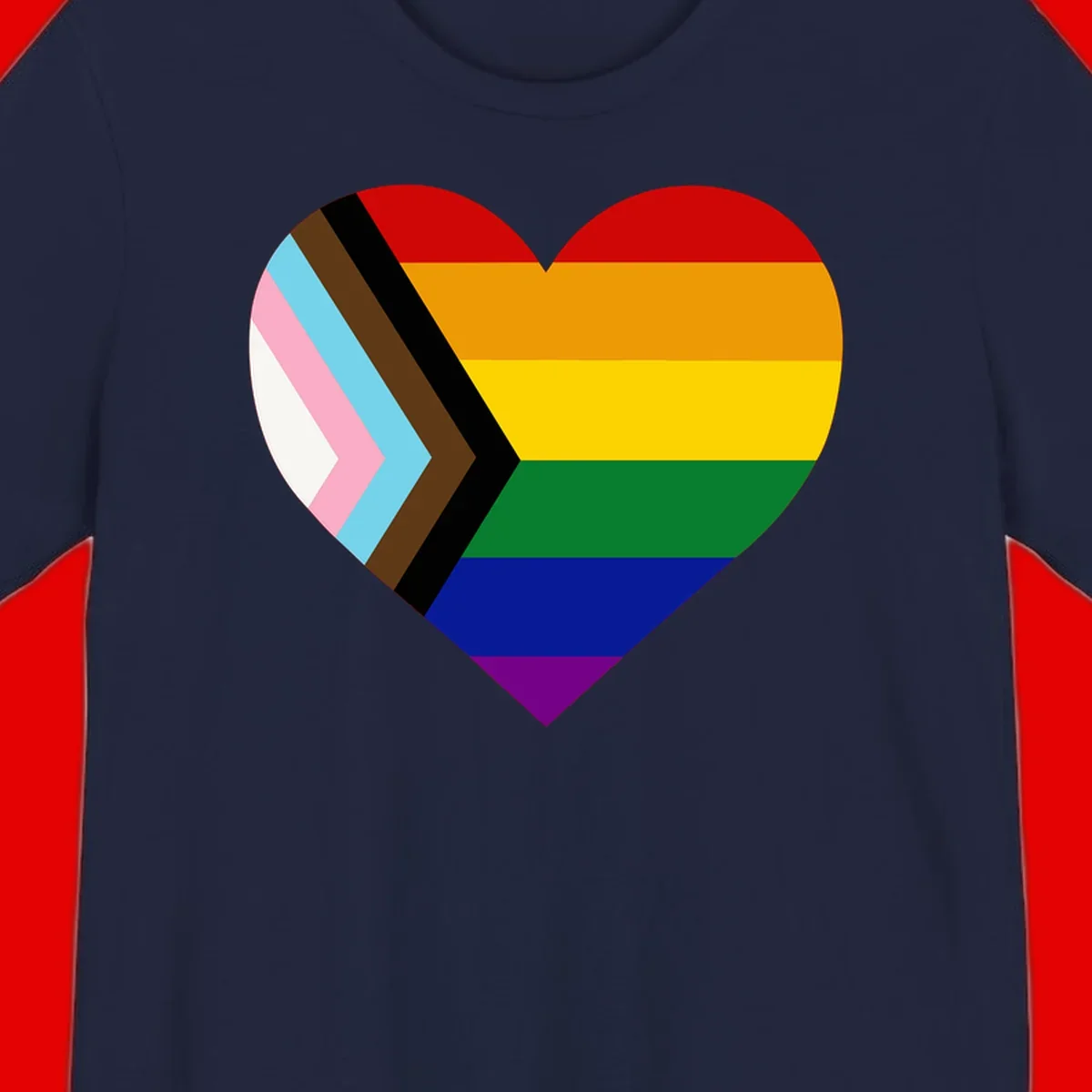 Heart-shaped design combining progress pride flag chevron on left with rainbow pride flag stripes on right side
