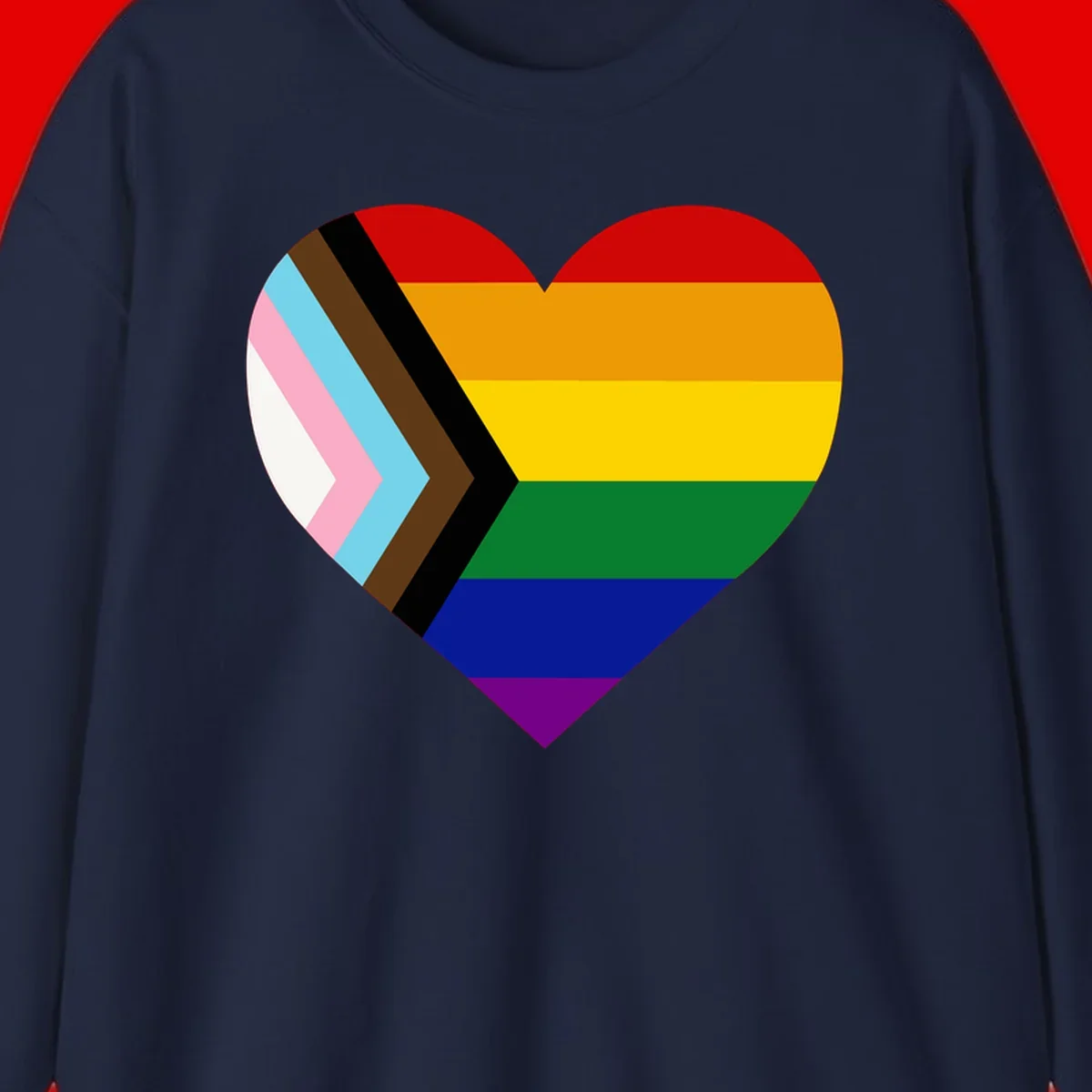 Heart-shaped design combining progress pride flag chevron on left with rainbow pride flag stripes on right side