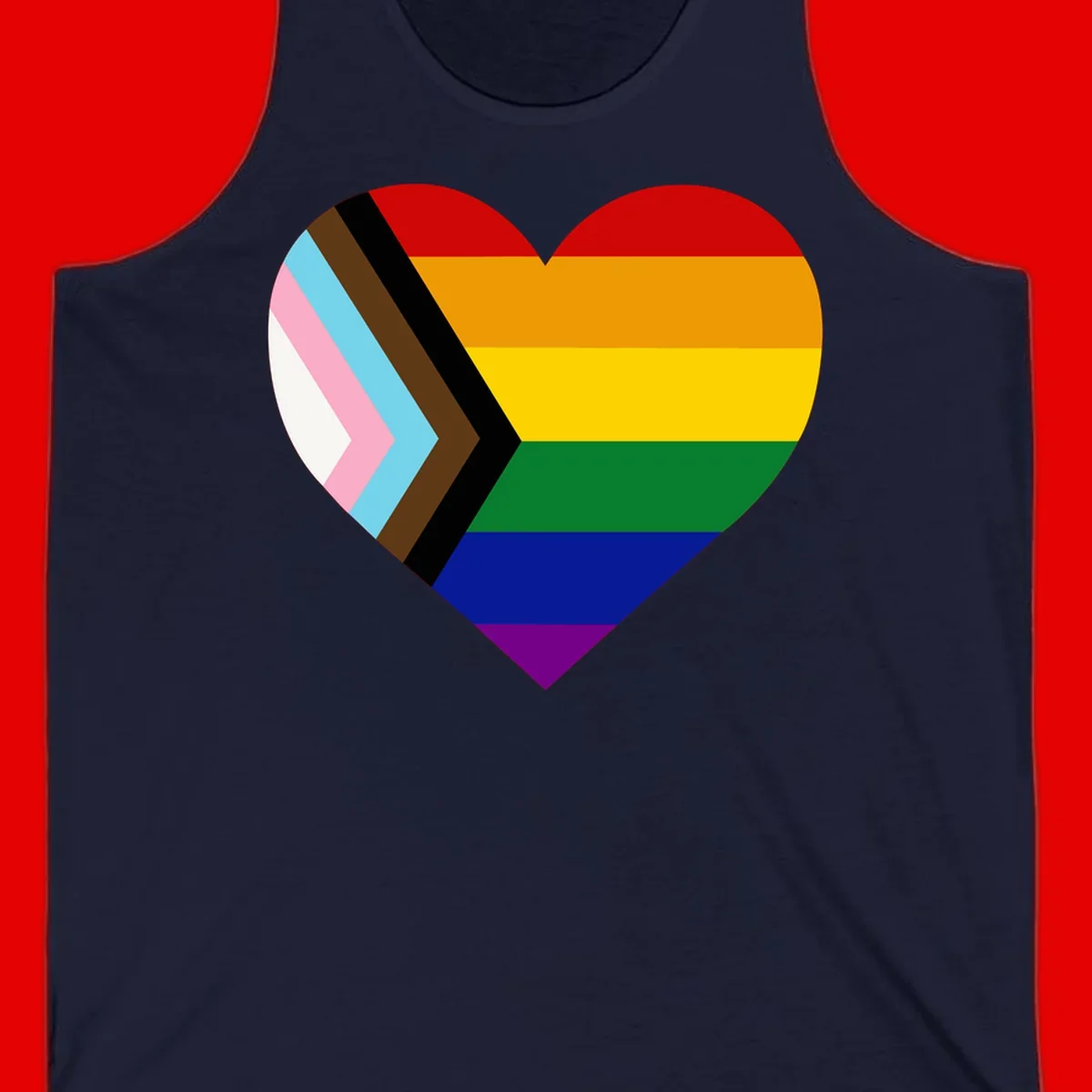 Heart-shaped design combining progress pride flag chevron on left with rainbow pride flag stripes on right side