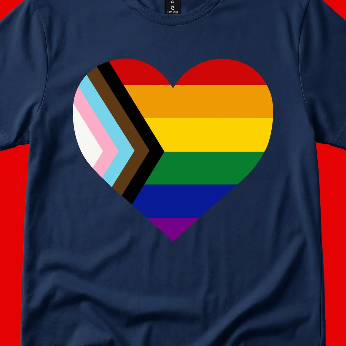Heart-shaped design combining progress pride flag chevron on left with rainbow pride flag stripes on right side