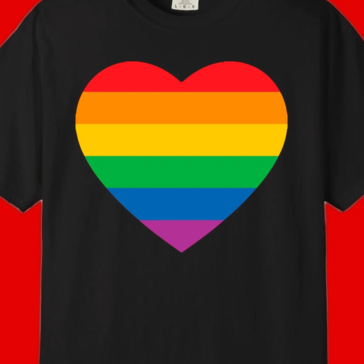 Rainbow heart design with horizontal stripes in pride flag colors: red, orange, yellow, green, blue, and purple.