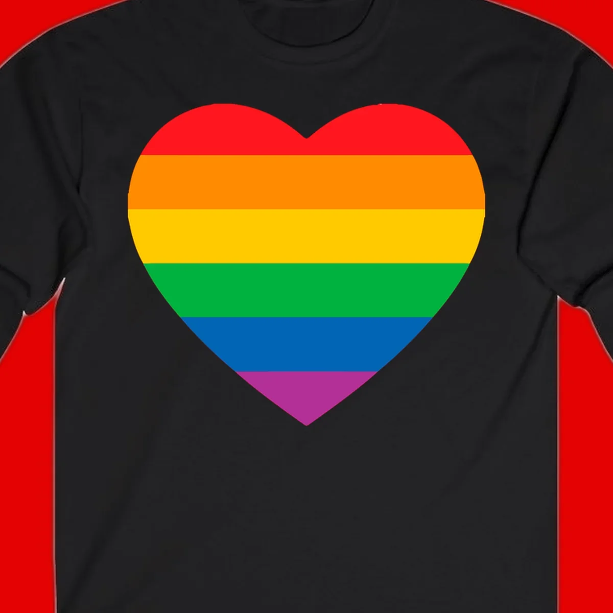Rainbow heart design with horizontal stripes in pride flag colors: red, orange, yellow, green, blue, and purple.