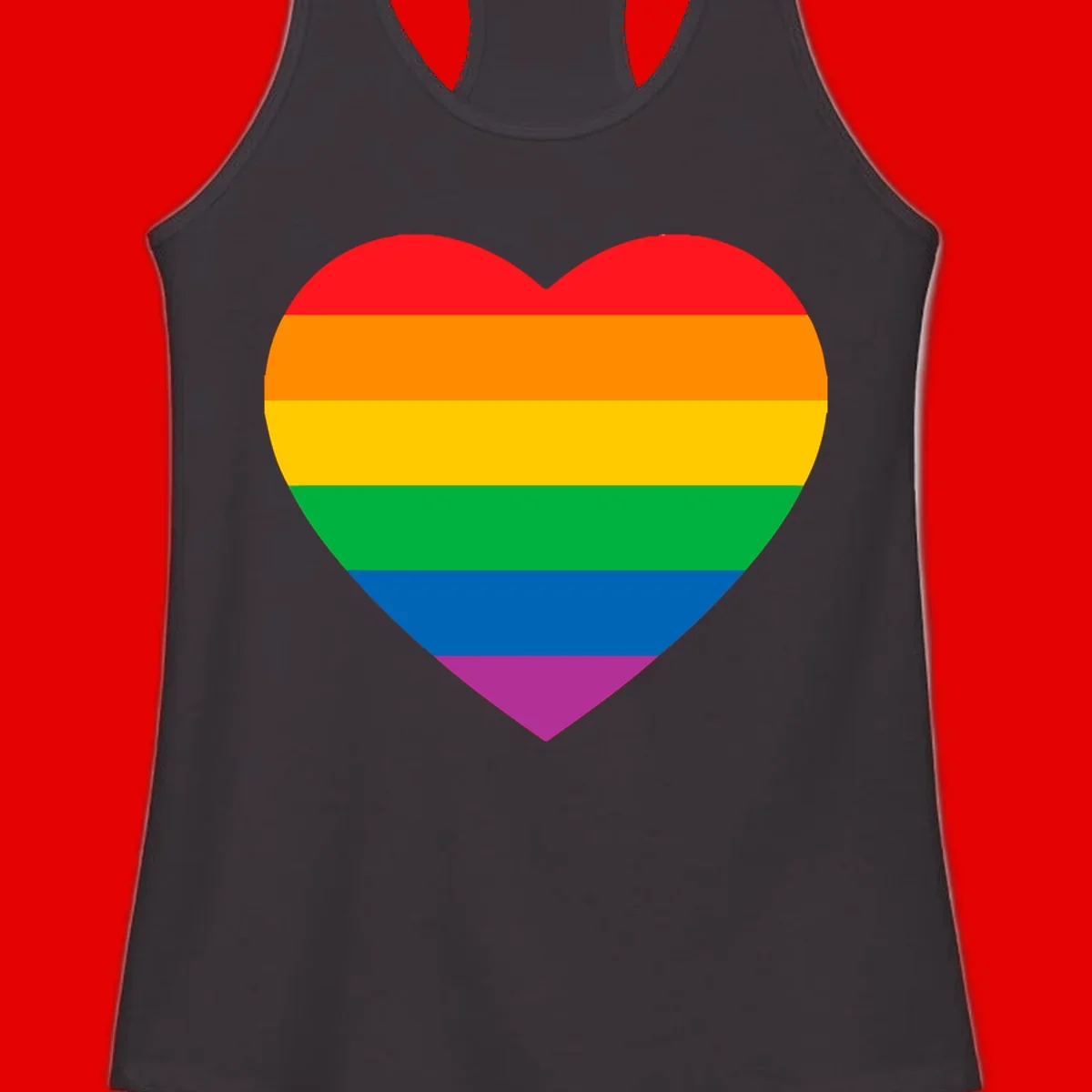 Rainbow heart design with horizontal stripes in pride flag colors: red, orange, yellow, green, blue, and purple.