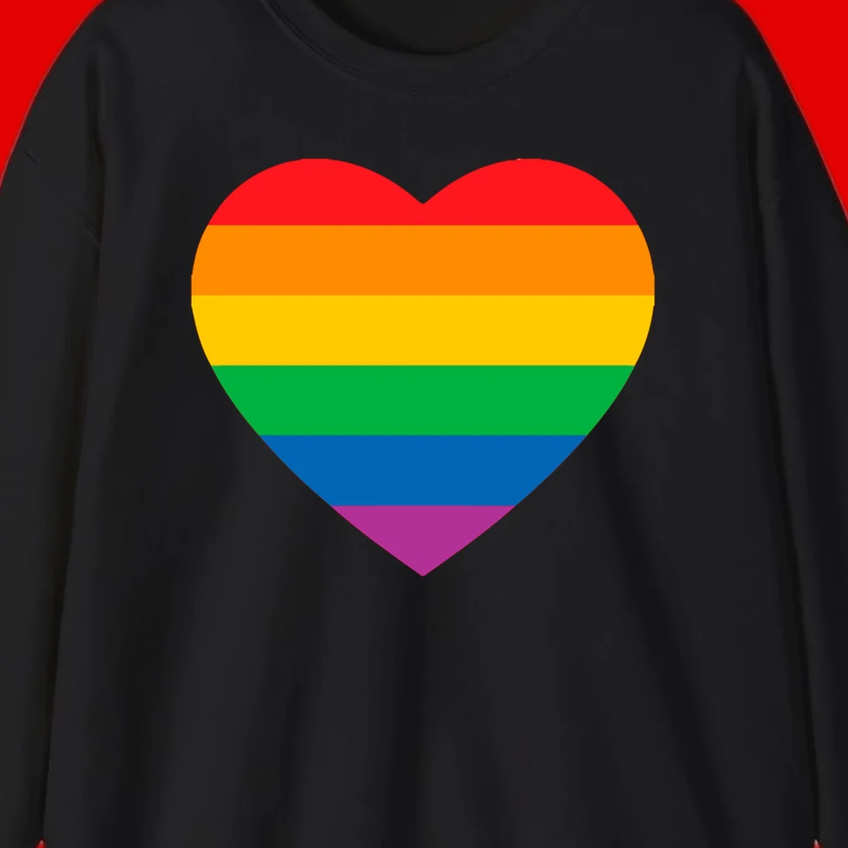 Rainbow heart design with horizontal stripes in pride flag colors: red, orange, yellow, green, blue, and purple.