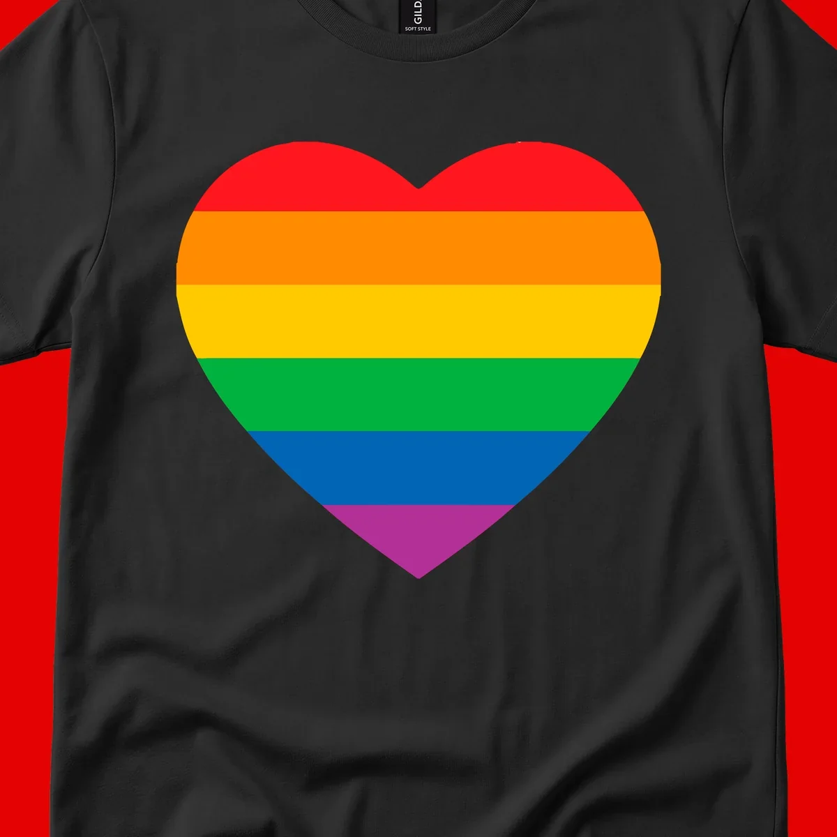 Rainbow heart design with horizontal stripes in pride flag colors: red, orange, yellow, green, blue, and purple.