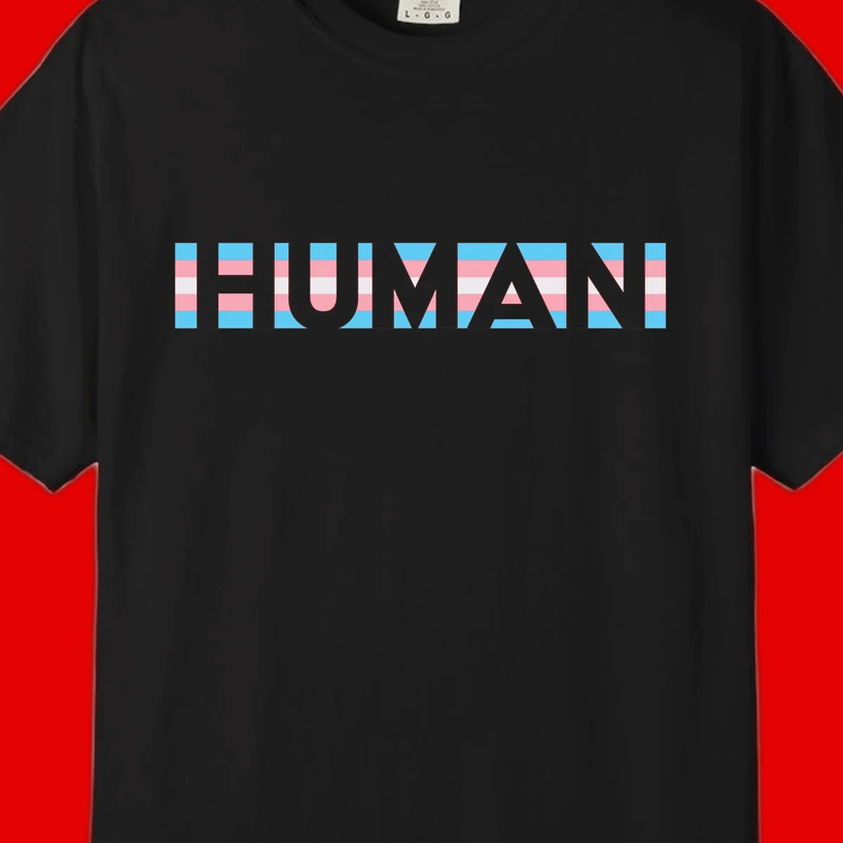 Large white letters spelling 'HUMAN' filled with horizontal blue, pink, and white stripes on gray background