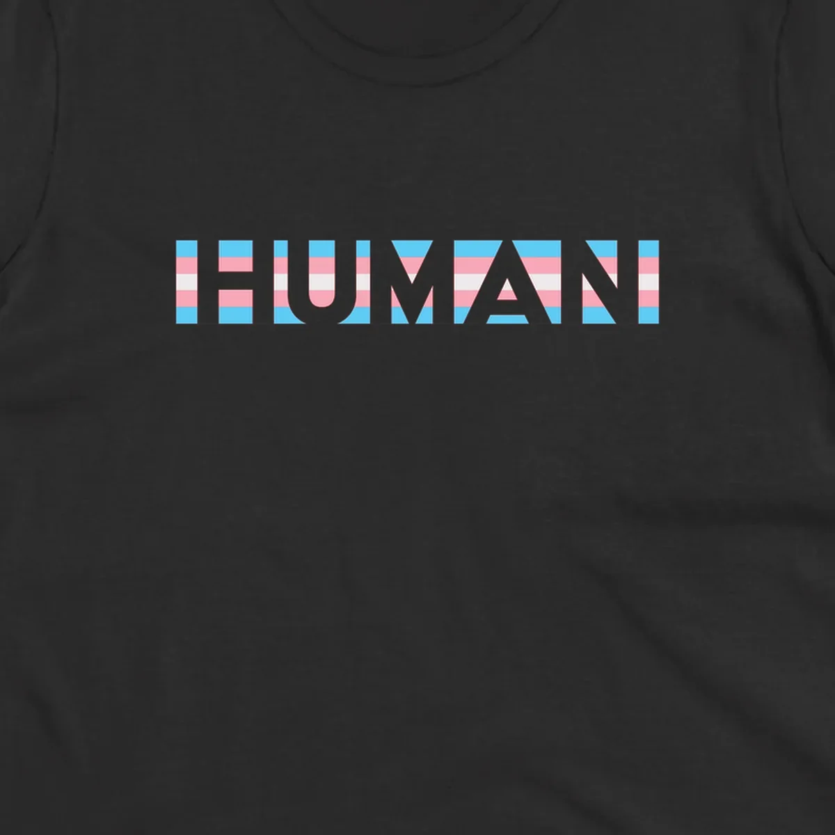 Large white letters spelling 'HUMAN' filled with horizontal blue, pink, and white stripes on gray background