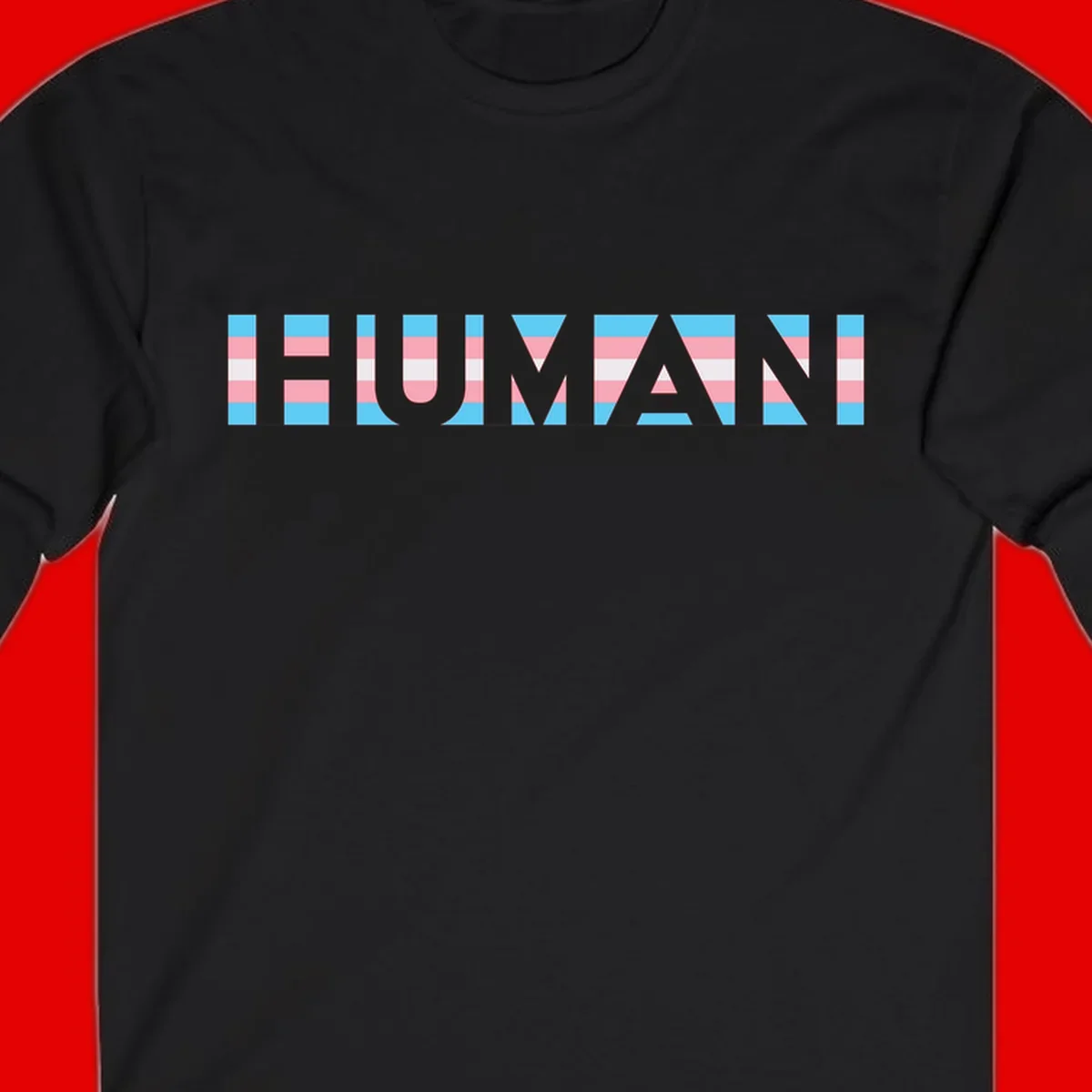 Large white letters spelling 'HUMAN' filled with horizontal blue, pink, and white stripes on gray background