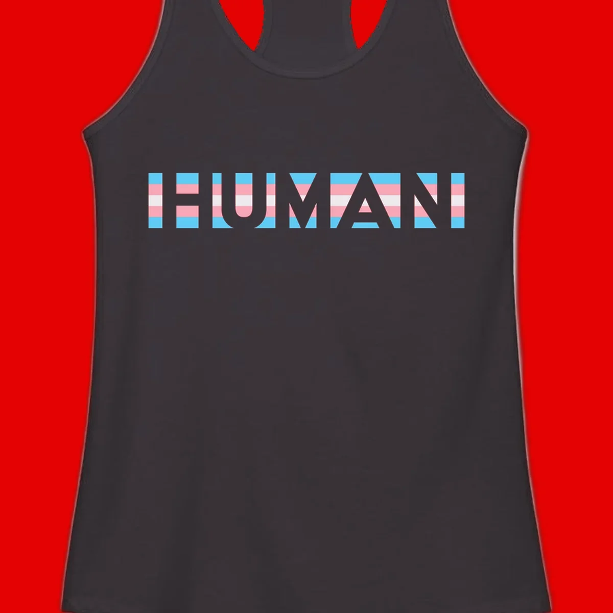 Large white letters spelling 'HUMAN' filled with horizontal blue, pink, and white stripes on gray background