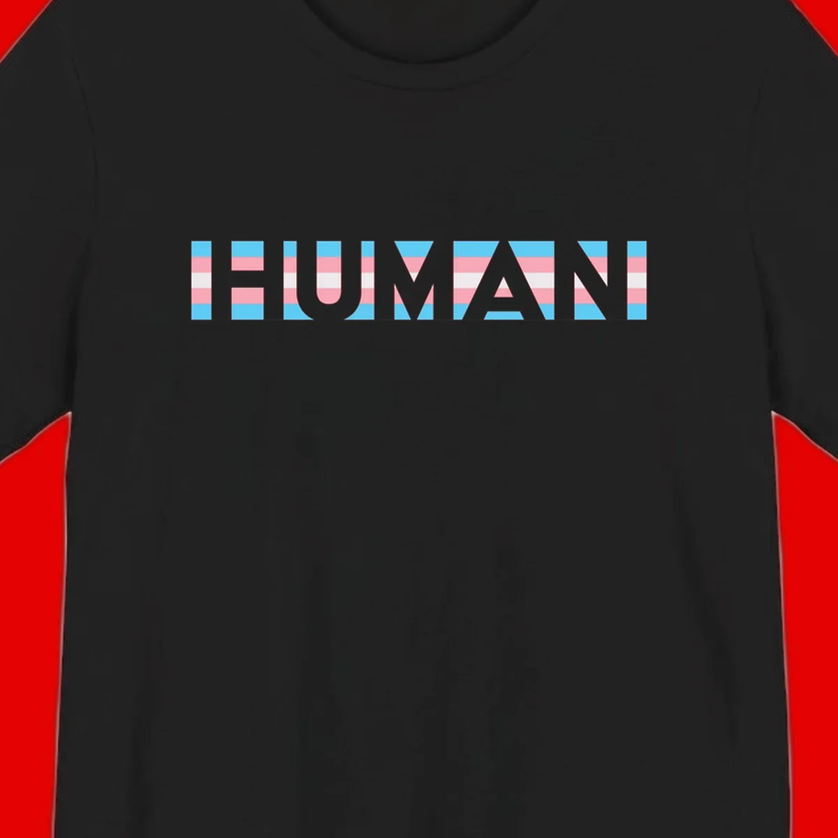 Large white letters spelling 'HUMAN' filled with horizontal blue, pink, and white stripes on gray background