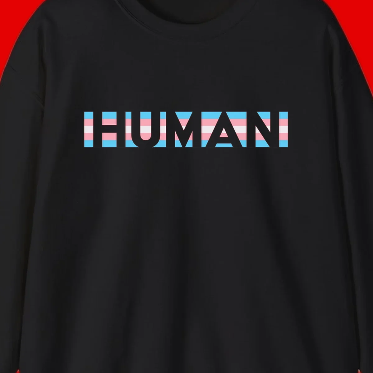 Large white letters spelling 'HUMAN' filled with horizontal blue, pink, and white stripes on gray background