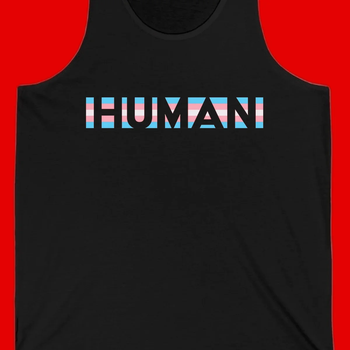 Large white letters spelling 'HUMAN' filled with horizontal blue, pink, and white stripes on gray background
