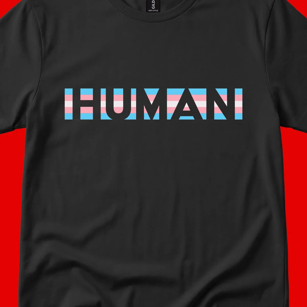 Large white letters spelling 'HUMAN' filled with horizontal blue, pink, and white stripes on gray background
