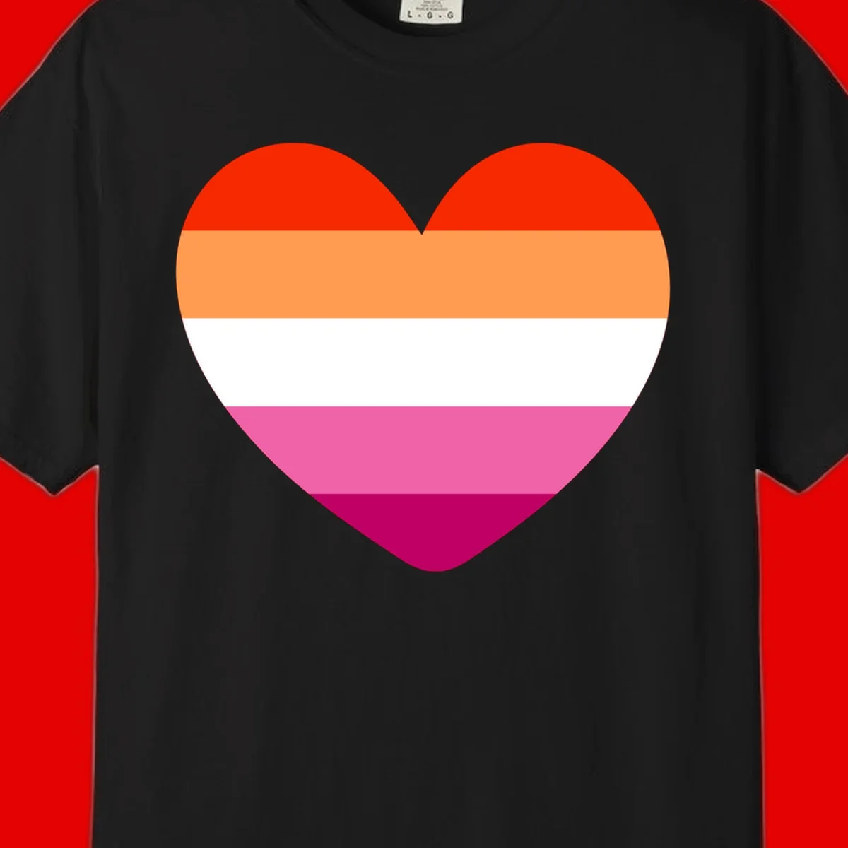 Heart shape filled with horizontal stripes in lesbian pride flag colors: red, orange, white, pink, and magenta