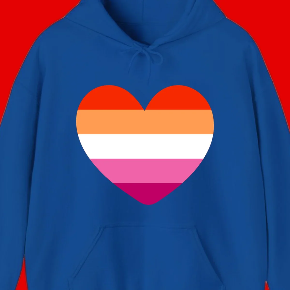 Heart shape filled with horizontal stripes in lesbian pride flag colors: red, orange, white, pink, and magenta