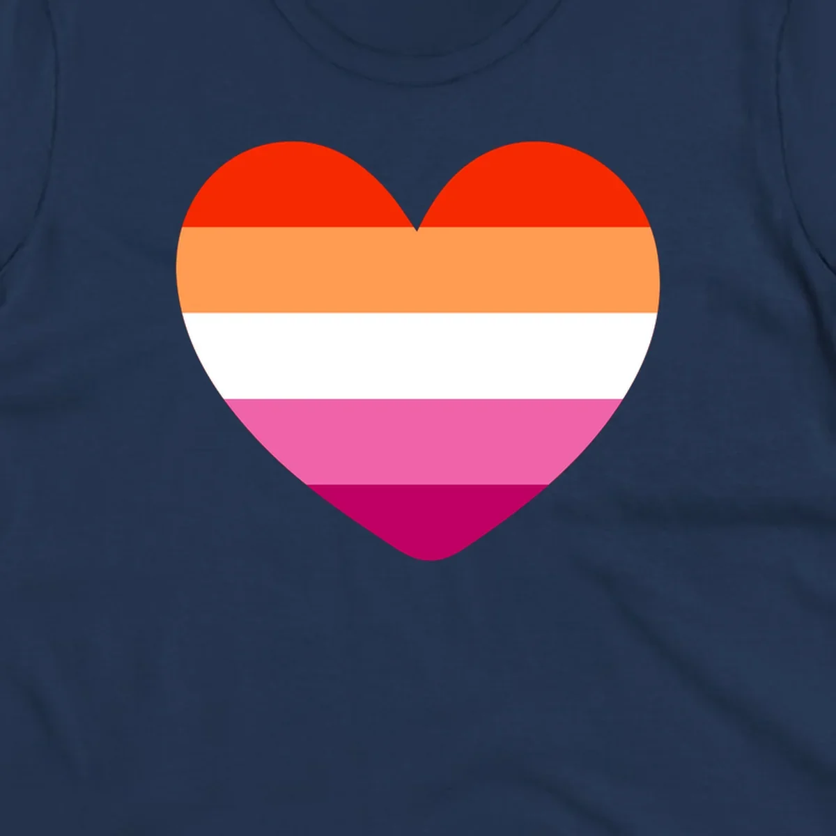 Heart shape filled with horizontal stripes in lesbian pride flag colors: red, orange, white, pink, and magenta
