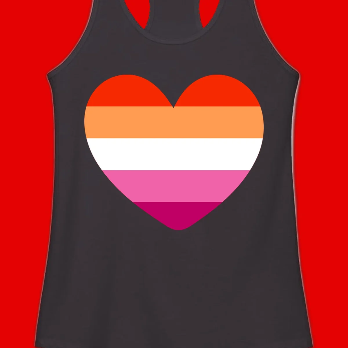 Heart shape filled with horizontal stripes in lesbian pride flag colors: red, orange, white, pink, and magenta