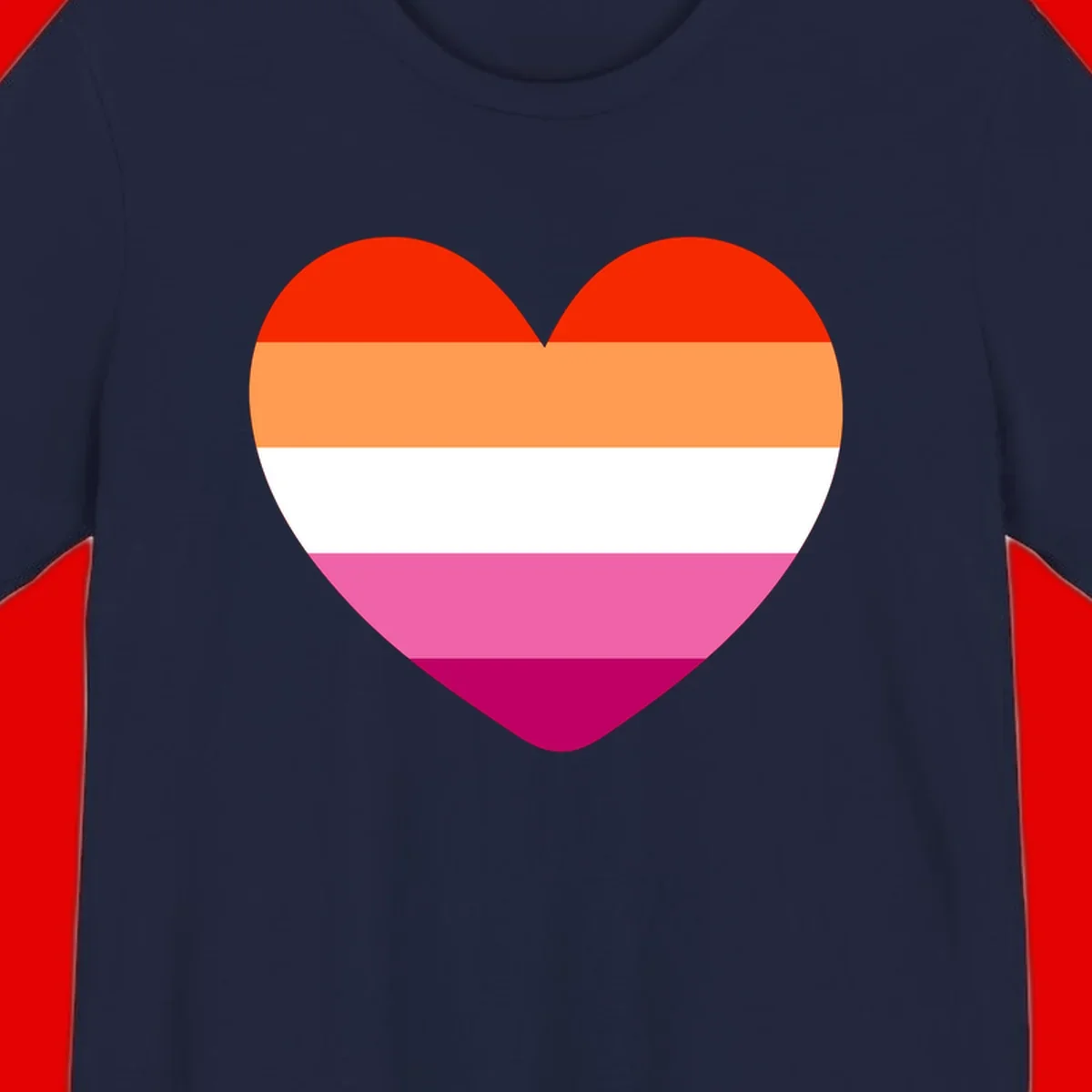 Heart shape filled with horizontal stripes in lesbian pride flag colors: red, orange, white, pink, and magenta