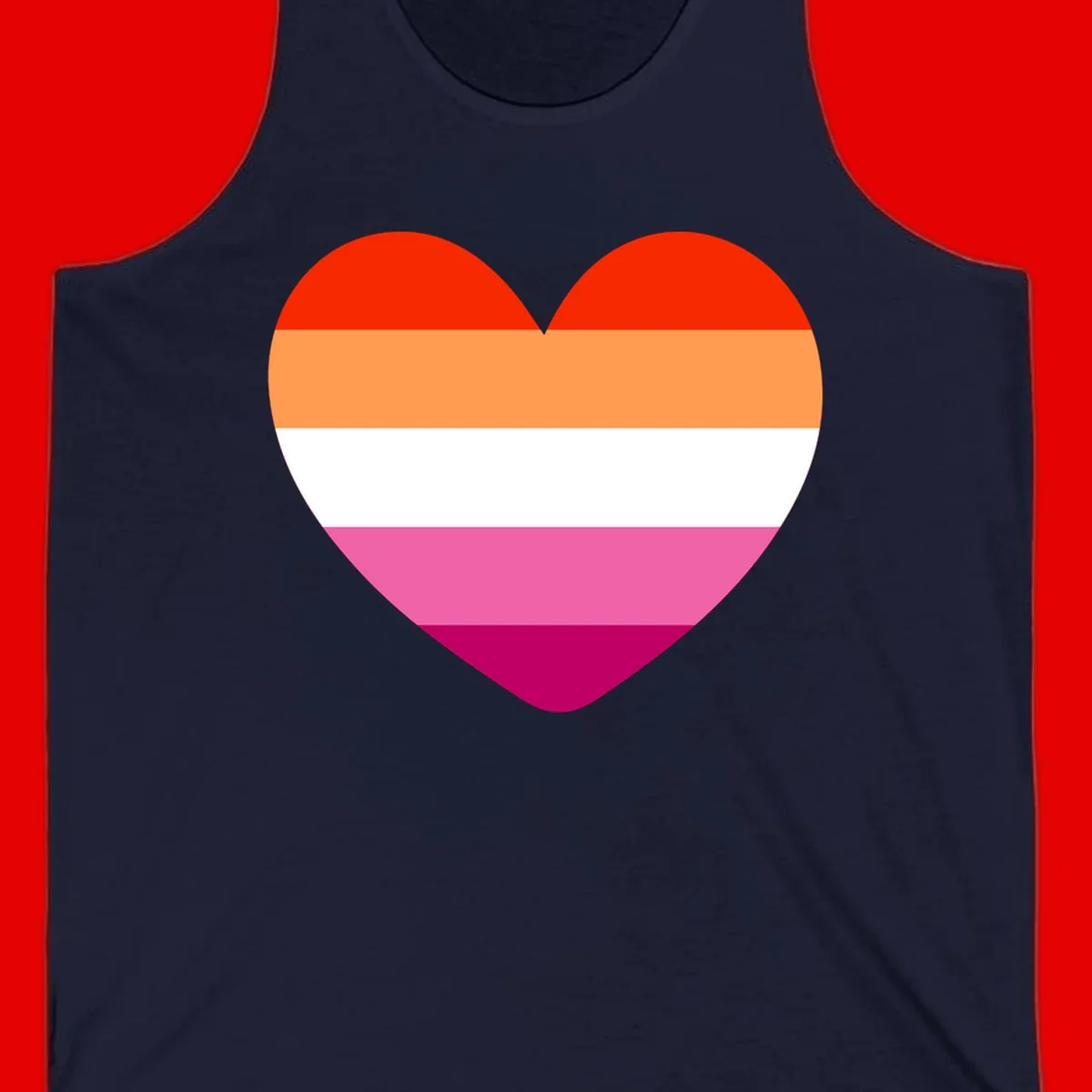 Heart shape filled with horizontal stripes in lesbian pride flag colors: red, orange, white, pink, and magenta