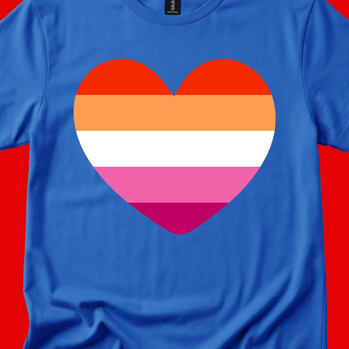 Heart shape filled with horizontal stripes in lesbian pride flag colors: red, orange, white, pink, and magenta