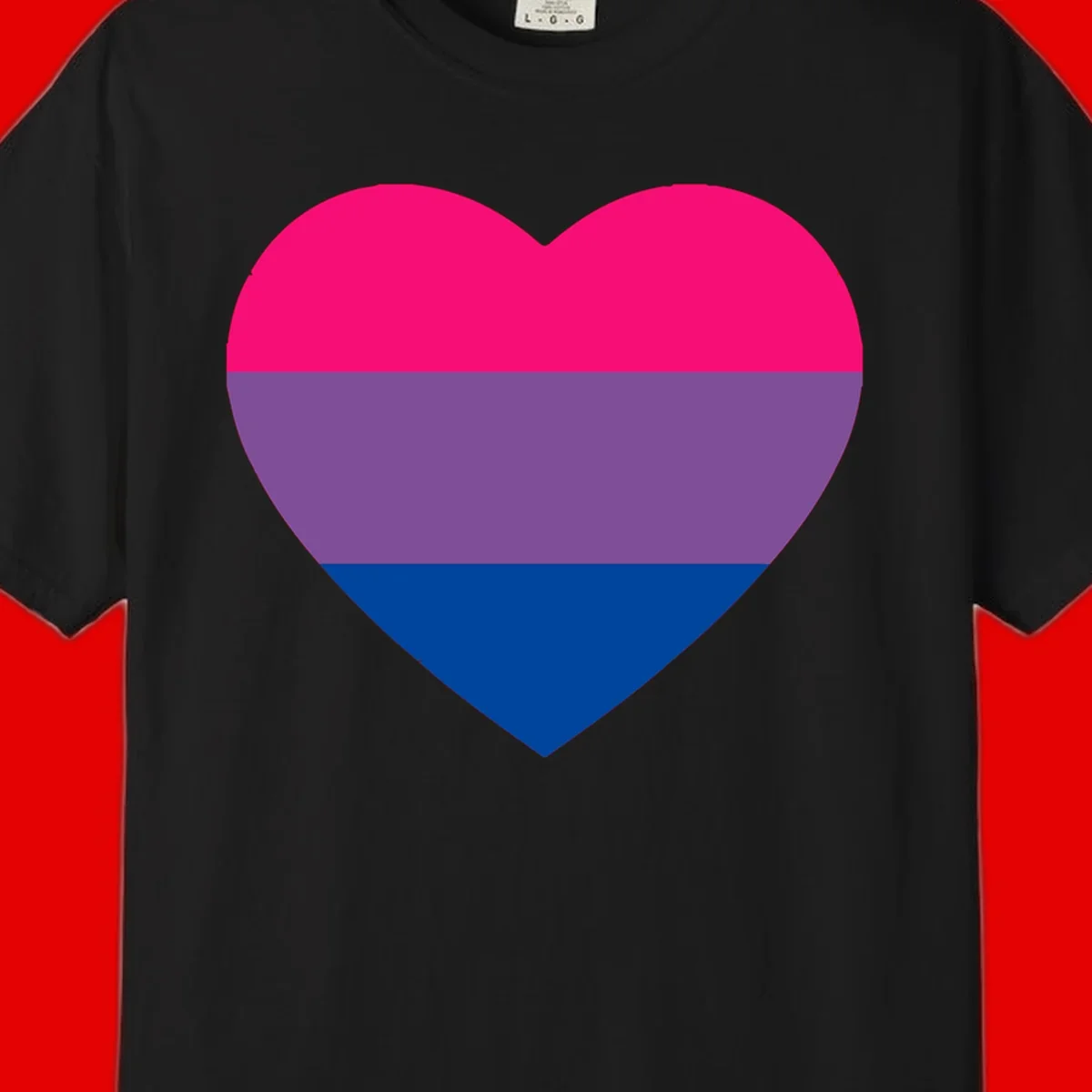 Heart shape filled with bisexual pride flag stripes in magenta, purple, and dark blue on gray background