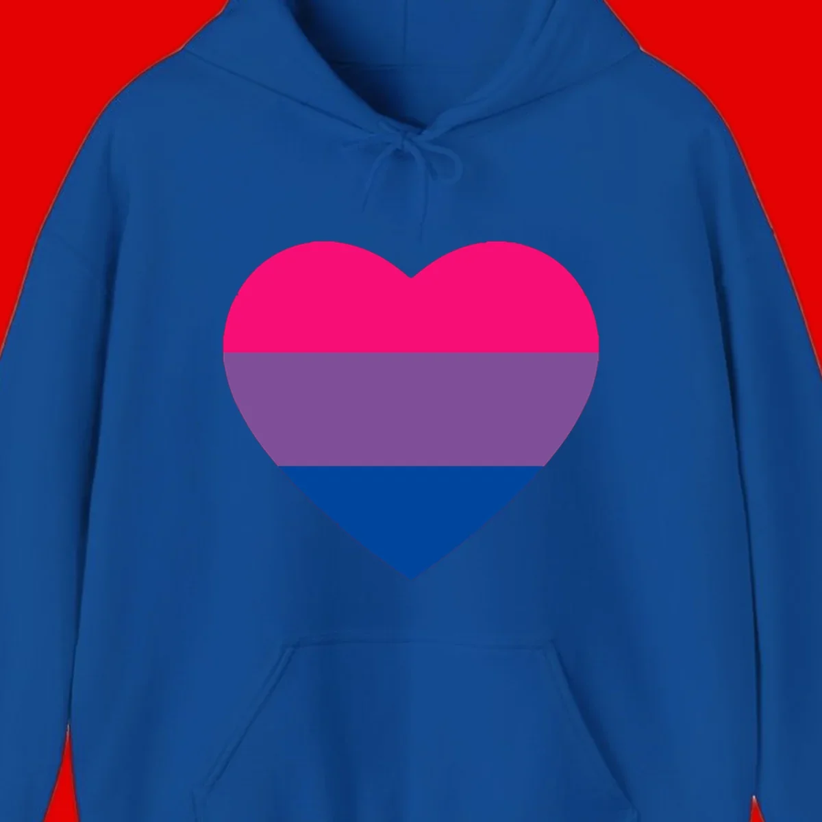 Heart shape filled with bisexual pride flag stripes in magenta, purple, and dark blue on gray background