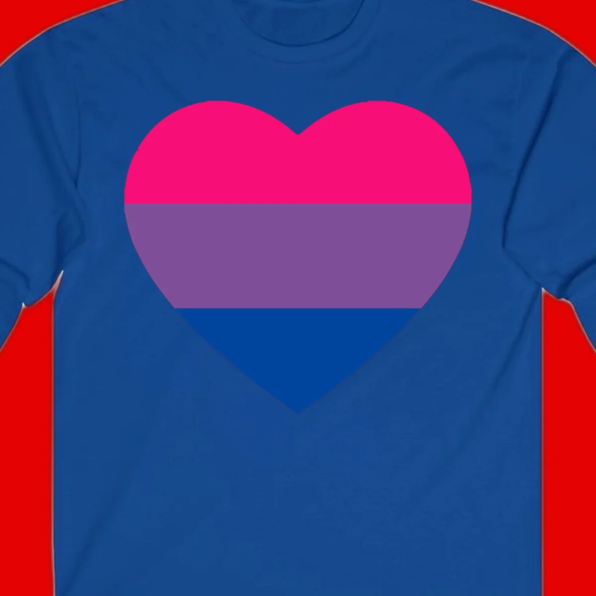 Heart shape filled with bisexual pride flag stripes in magenta, purple, and dark blue on gray background