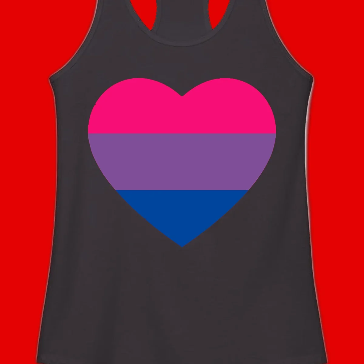 Heart shape filled with bisexual pride flag stripes in magenta, purple, and dark blue on gray background