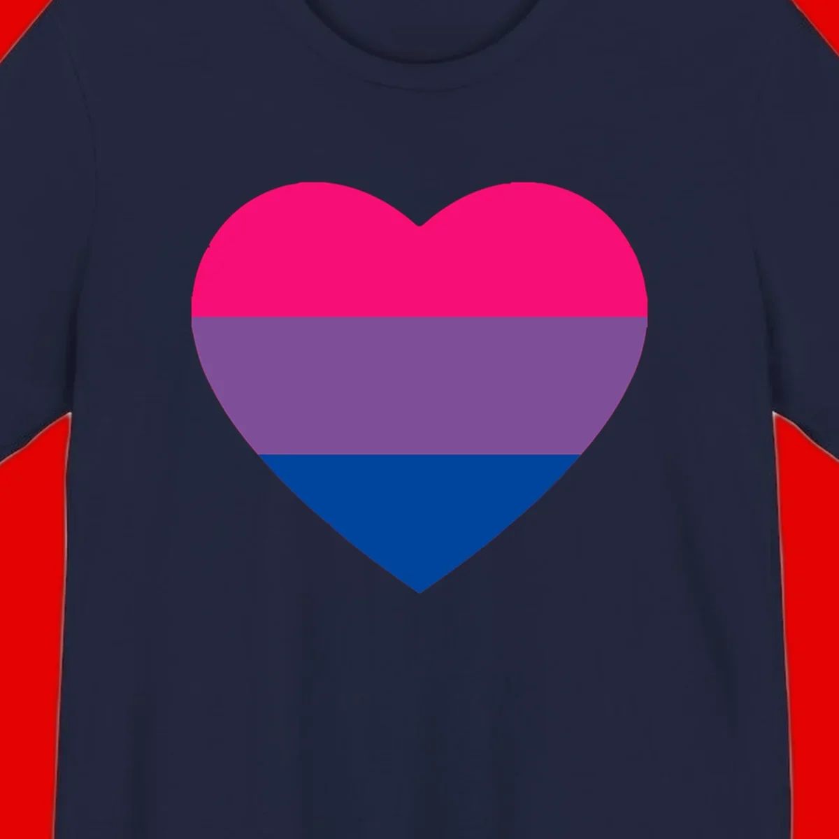 Heart shape filled with bisexual pride flag stripes in magenta, purple, and dark blue on gray background