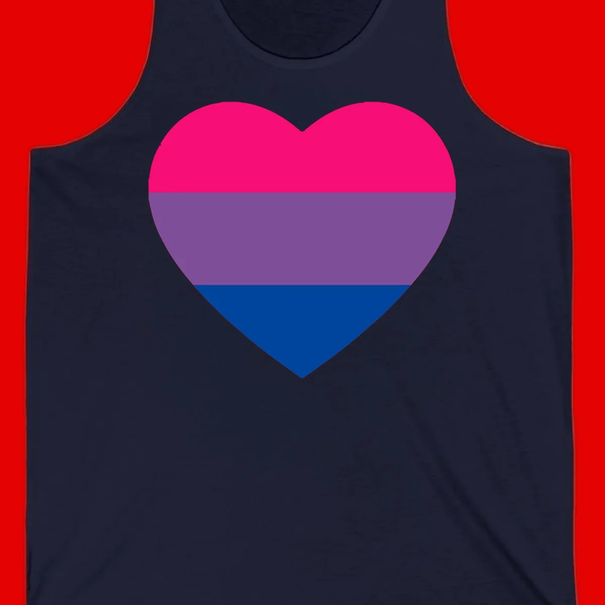Heart shape filled with bisexual pride flag stripes in magenta, purple, and dark blue on gray background