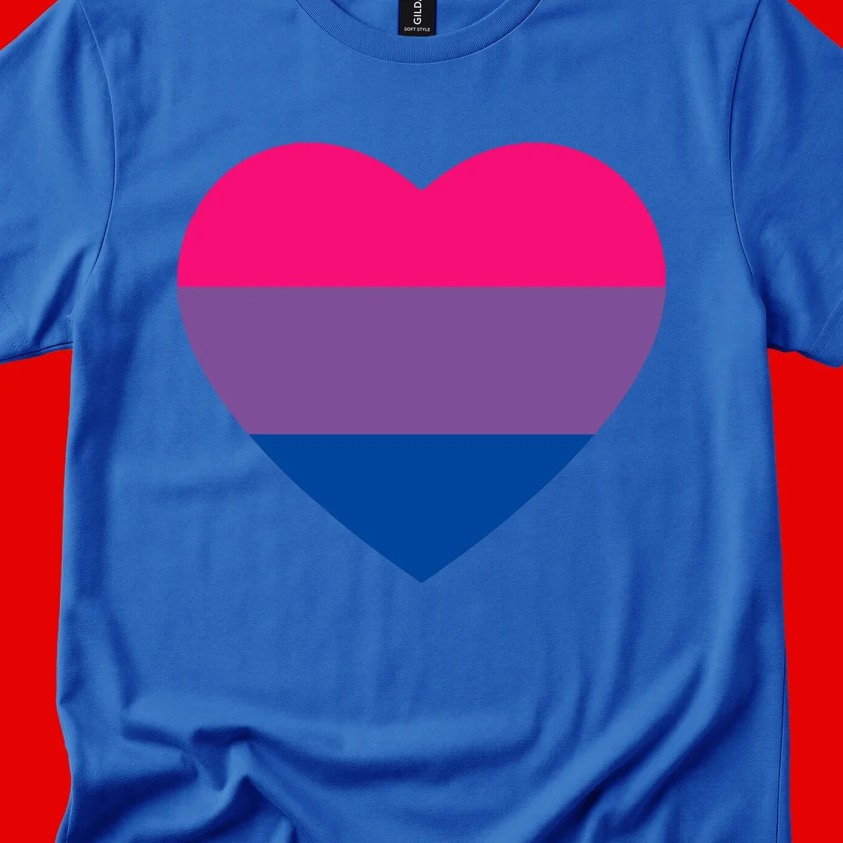 Heart shape filled with bisexual pride flag stripes in magenta, purple, and dark blue on gray background