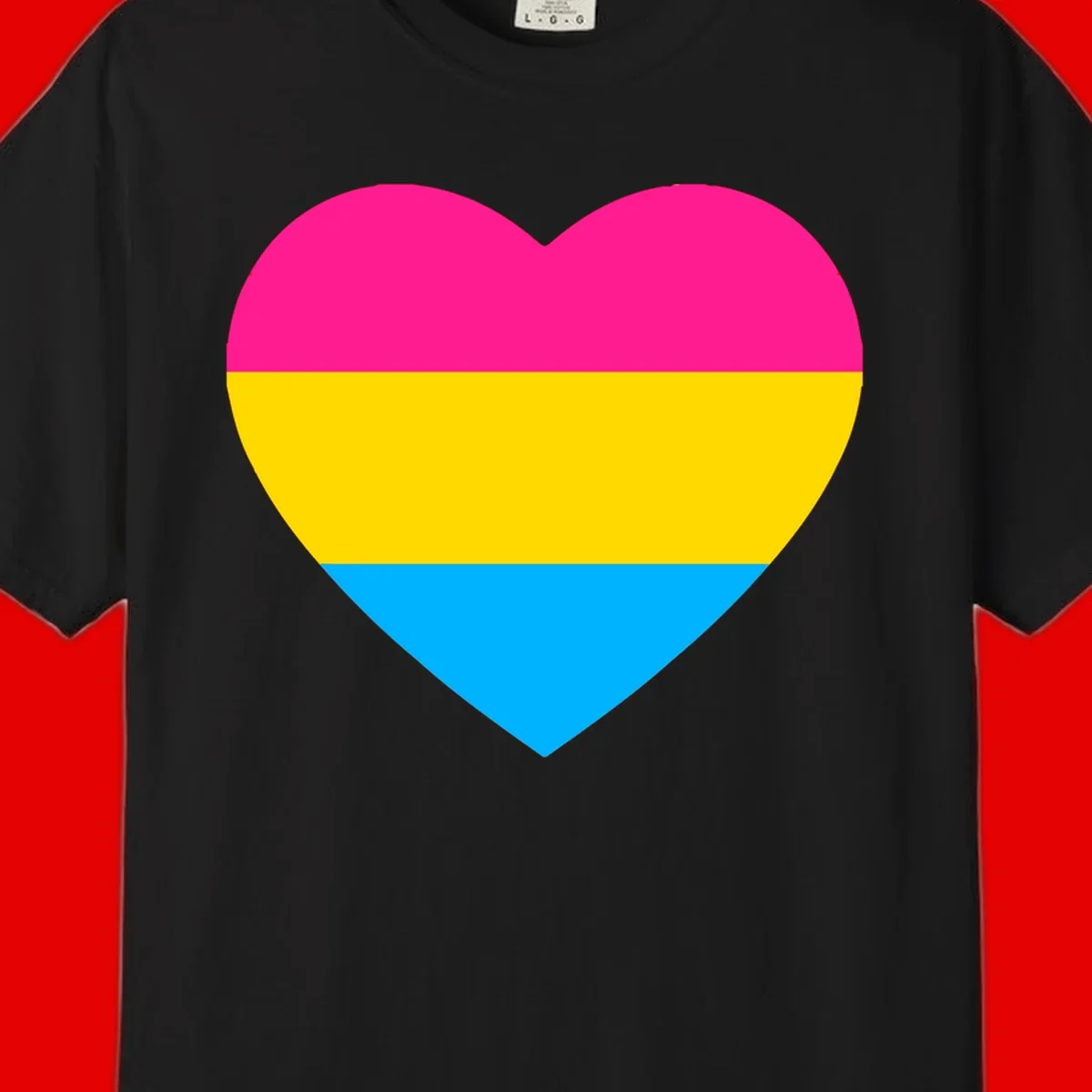 Pansexual pride heart with magenta, yellow, and cyan horizontal stripes on gray background