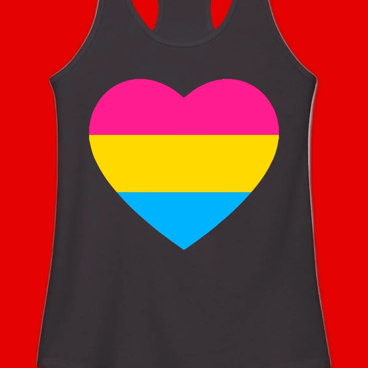Pansexual pride heart with magenta, yellow, and cyan horizontal stripes on gray background