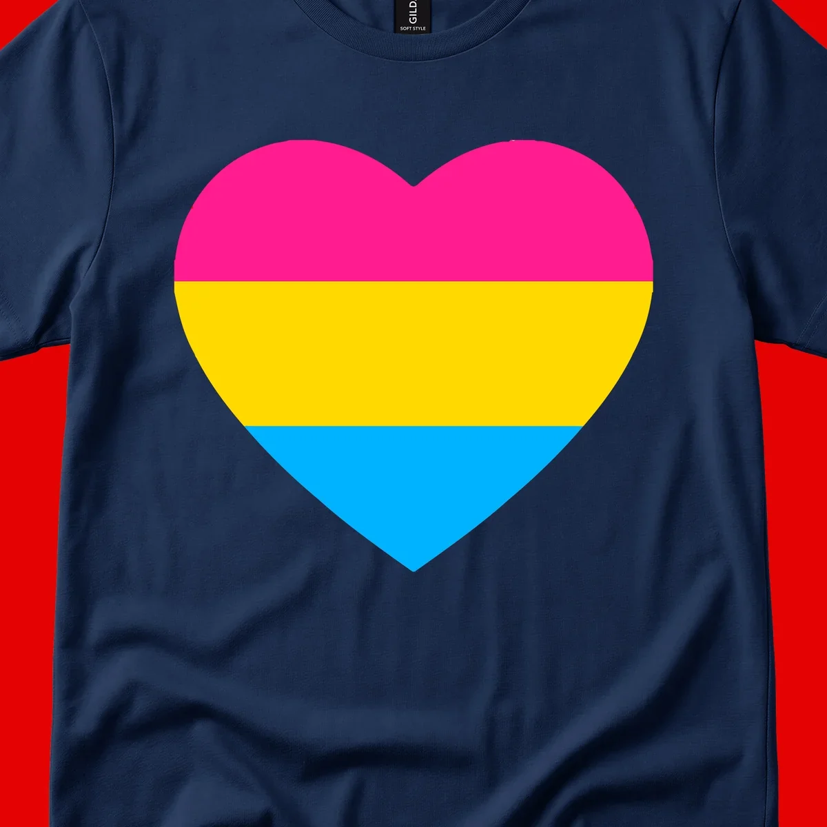 Pansexual pride heart with magenta, yellow, and cyan horizontal stripes on gray background