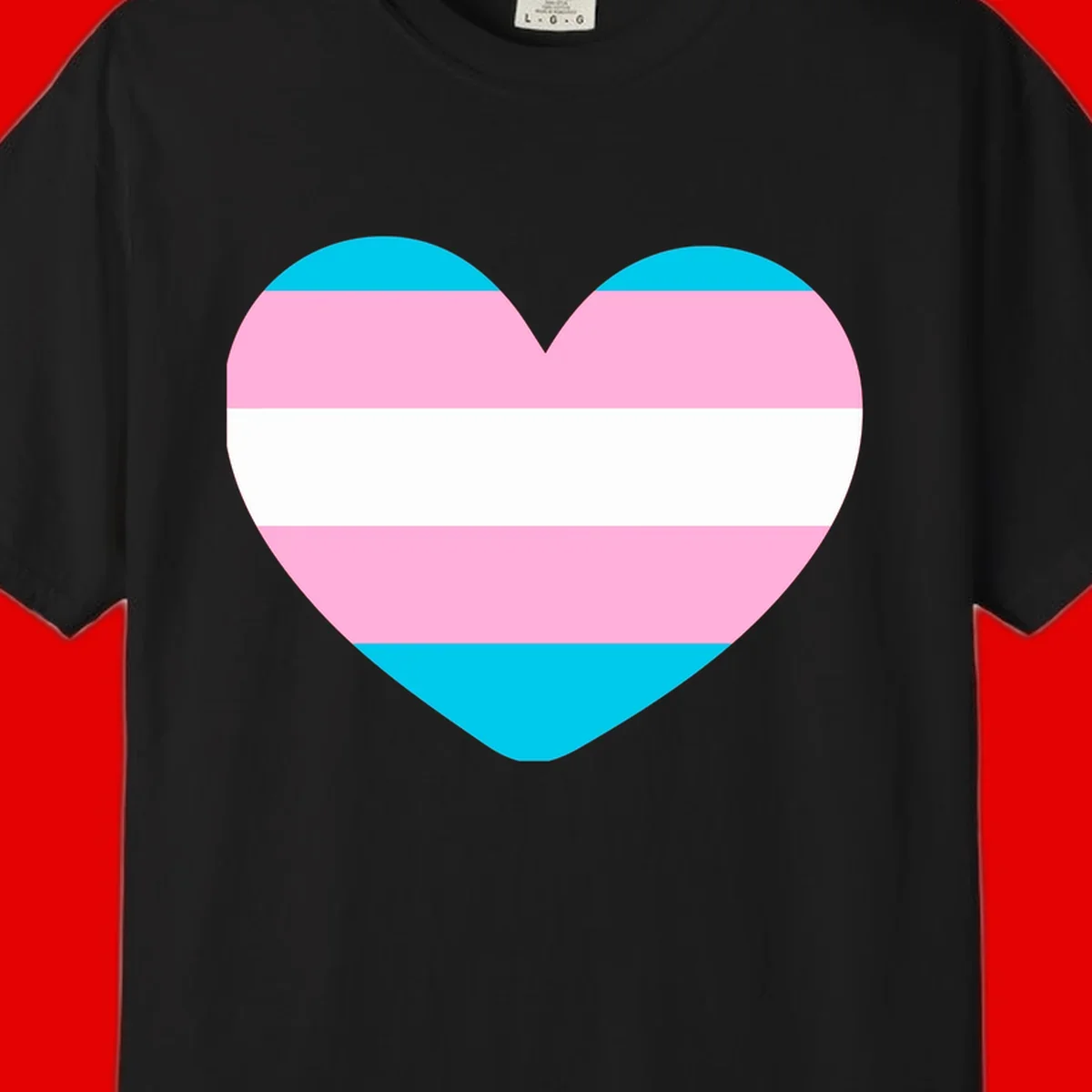 Large heart shape with horizontal stripes in cyan, pink, and white representing the transgender pride flag