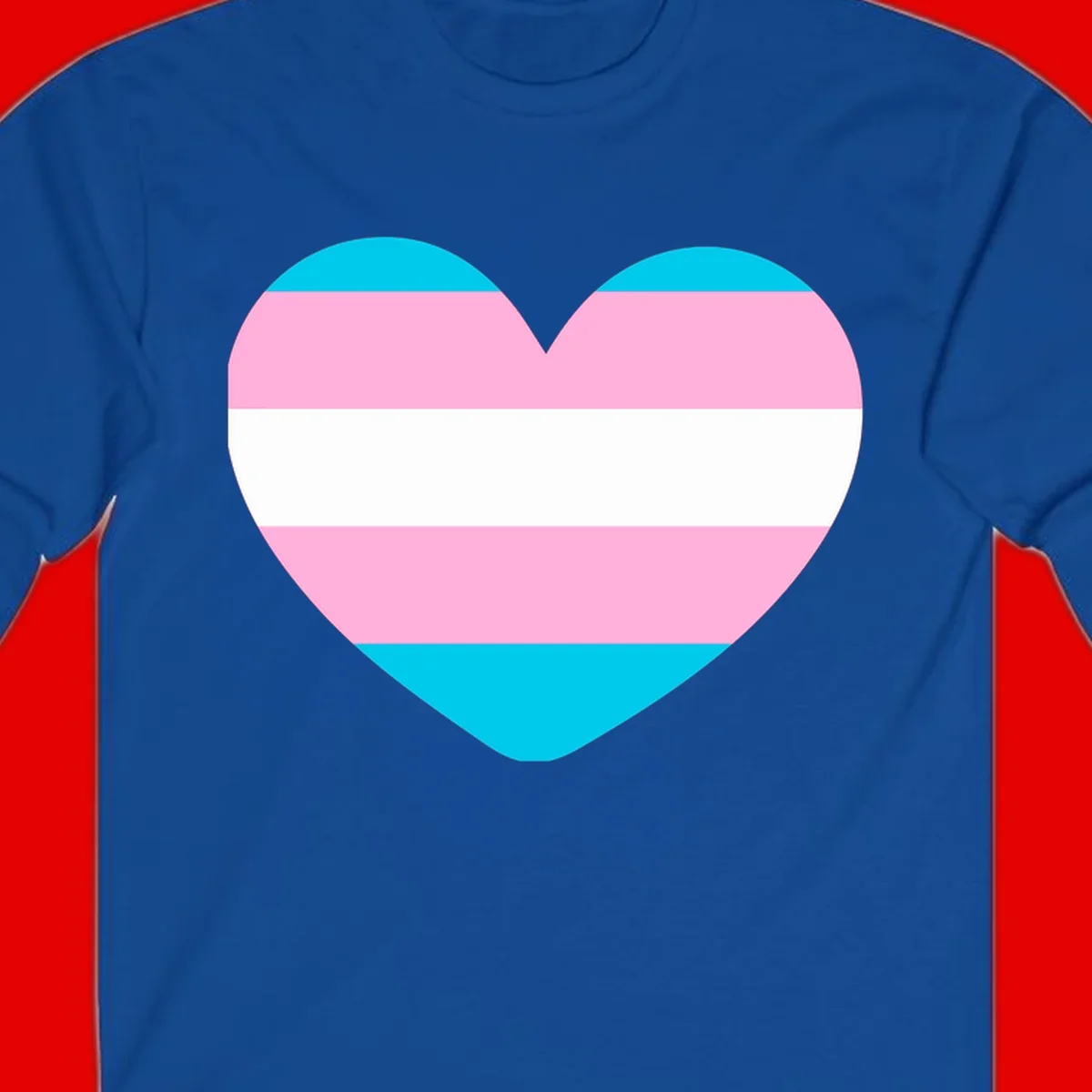 Large heart shape with horizontal stripes in cyan, pink, and white representing the transgender pride flag