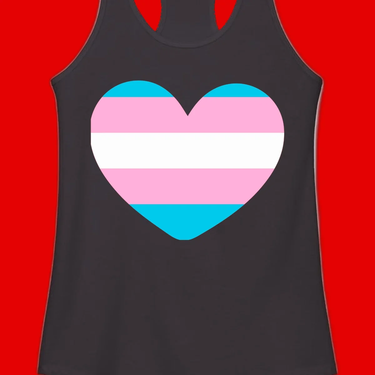 Large heart shape with horizontal stripes in cyan, pink, and white representing the transgender pride flag