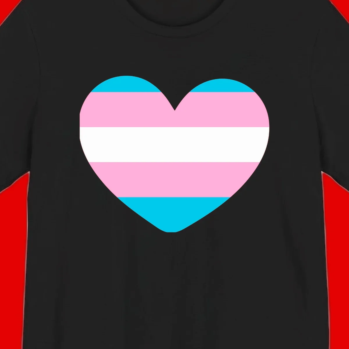 Large heart shape with horizontal stripes in cyan, pink, and white representing the transgender pride flag