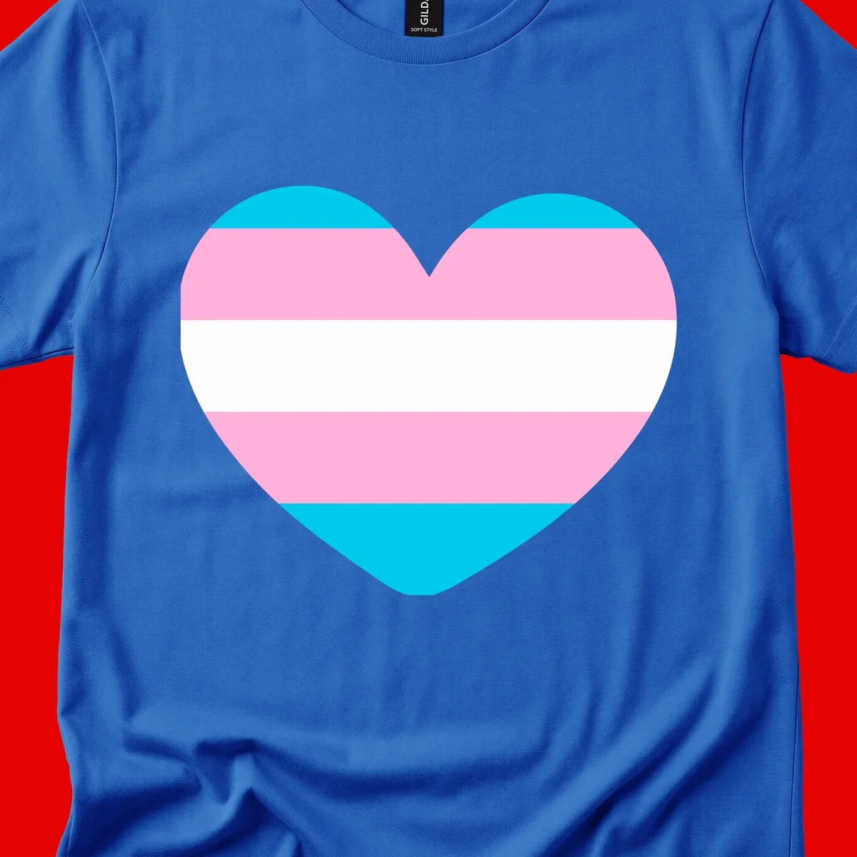 Large heart shape with horizontal stripes in cyan, pink, and white representing the transgender pride flag
