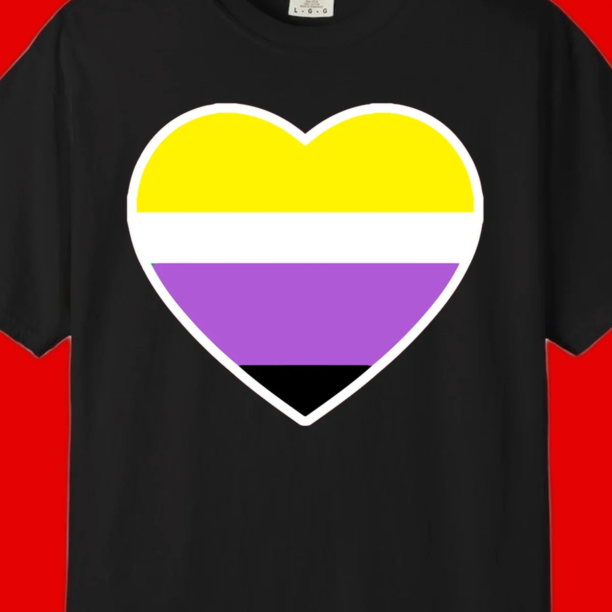 Nonbinary pride heart with yellow, white, purple, and black horizontal stripes representing nonbinary identity and LGBTQ pride.