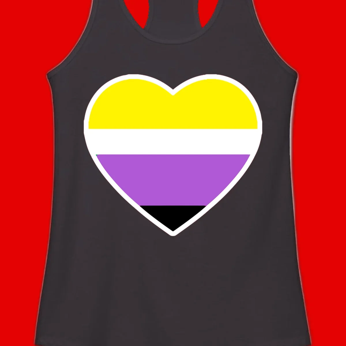 Nonbinary pride heart with yellow, white, purple, and black horizontal stripes representing nonbinary identity and LGBTQ pride.