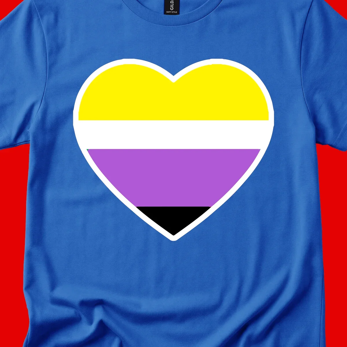 Nonbinary pride heart with yellow, white, purple, and black horizontal stripes representing nonbinary identity and LGBTQ pride.