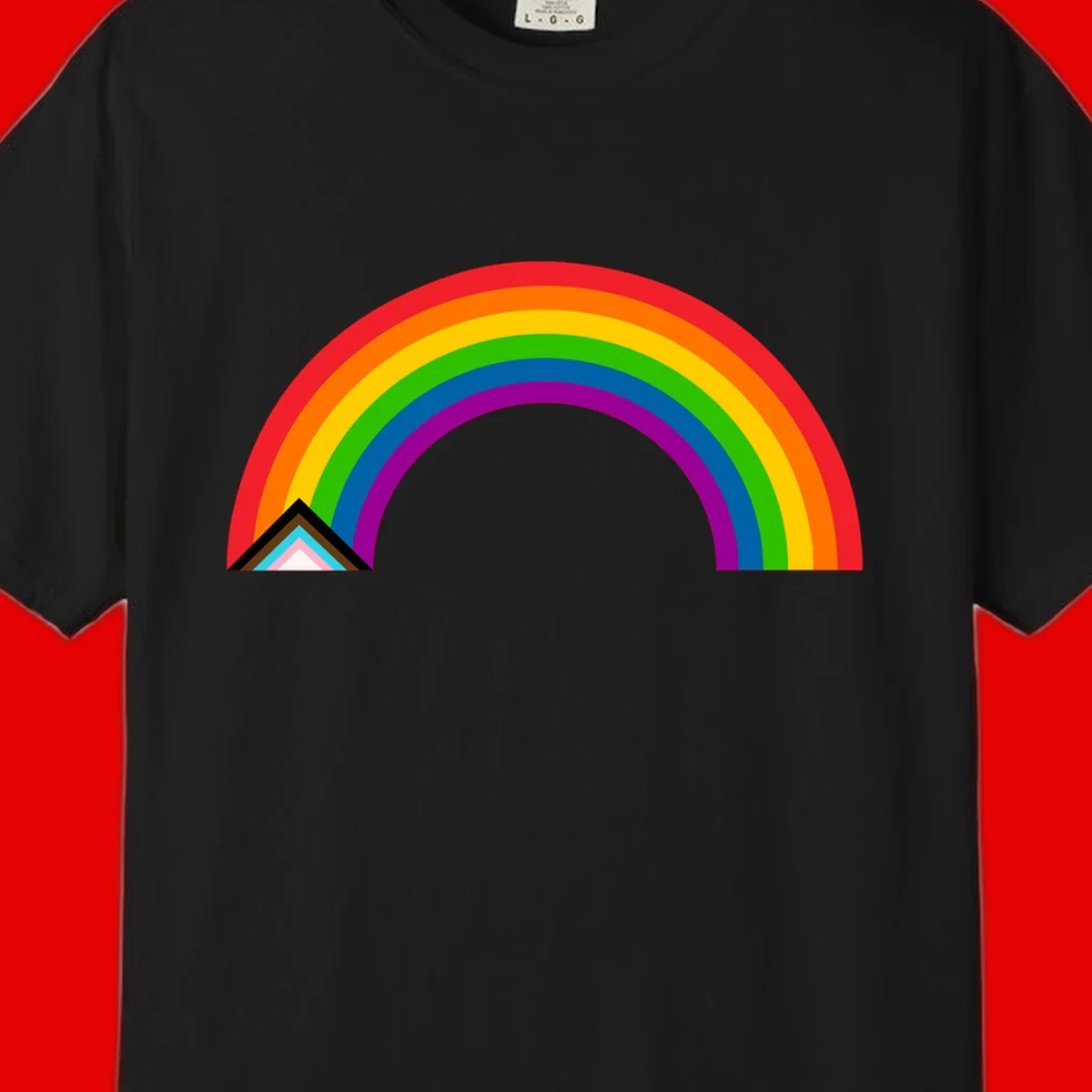 Vibrant rainbow pride arc with concentric color bands and geometric base shapes on gray background