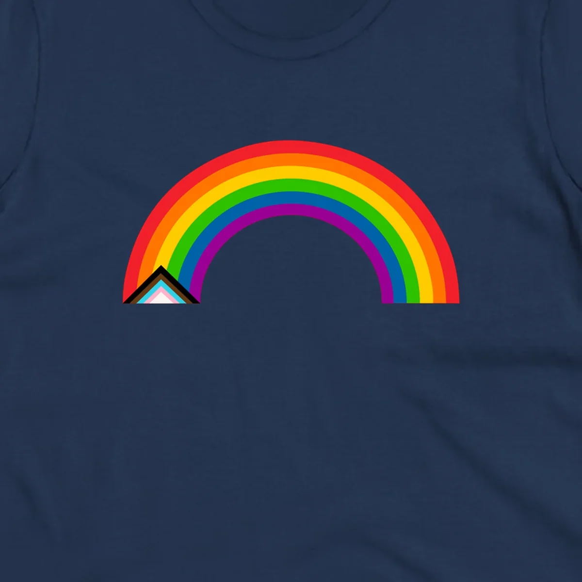 Vibrant rainbow pride arc with concentric color bands and geometric base shapes on gray background